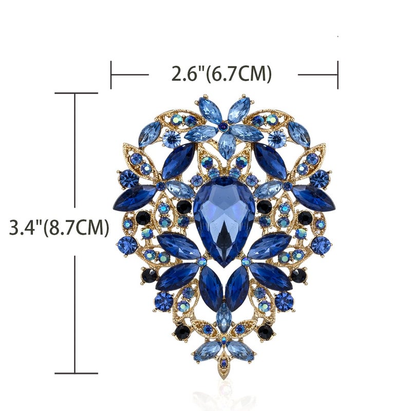 YOQUCOL Vintage Blue Austrian Crystal Rhinestone Leaf Shape Big Large Brooch Pin For Women Gold Tone - Image 2