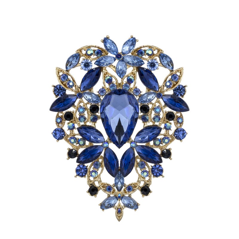 YOQUCOL Vintage Blue Austrian Crystal Rhinestone Leaf Shape Big Large Brooch Pin For Women Gold Tone - Image 1