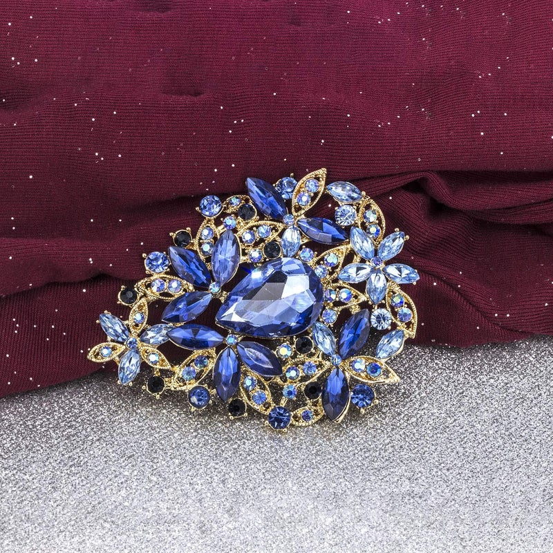 YOQUCOL Vintage Blue Austrian Crystal Rhinestone Leaf Shape Big Large Brooch Pin For Women Gold Tone - Image 5