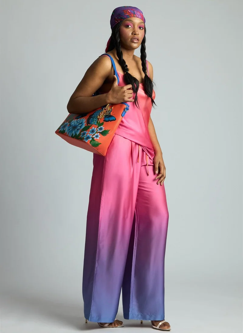 JANARA JONES  Blue Butterfly Garden Hand Painted Orange Tote Bag for Women | Best Price UAE