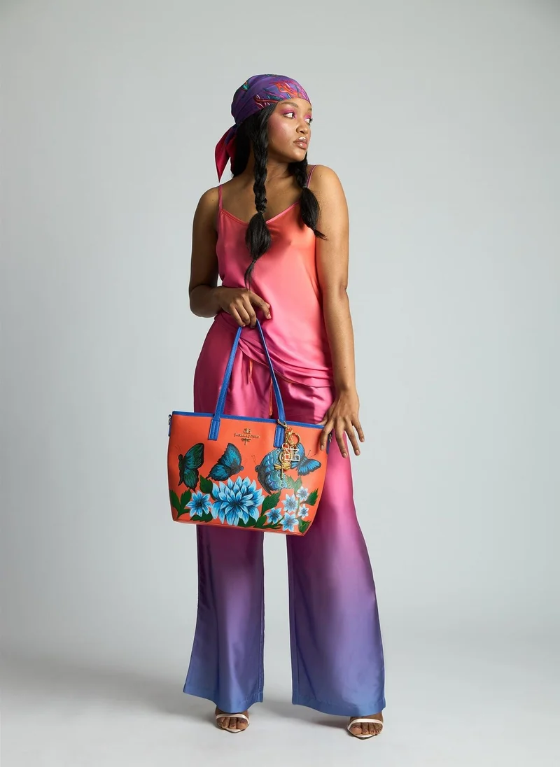 JANARA JONES  Blue Butterfly Garden Hand Painted Orange Tote Bag for Women | Best Price UAE
