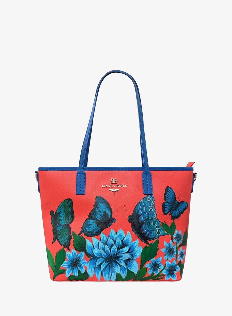 Blue Butterfly Garden Hand Painted Orange Tote Bag