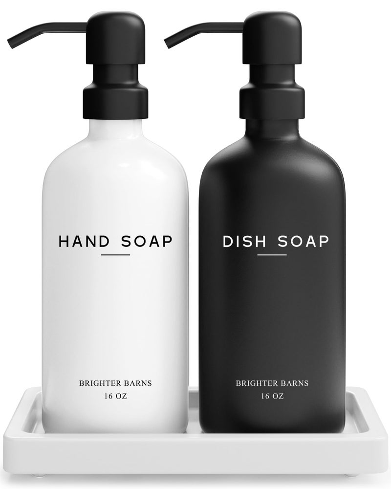 Luxury Glass Hand and Dish Soap Dispenser Set by Brighter Barns  Kitchen Soap Dispenser Set with Tray for Kitchen Home or Restaurant  Modern Farmhouse Kitchen Decor BlackWhite