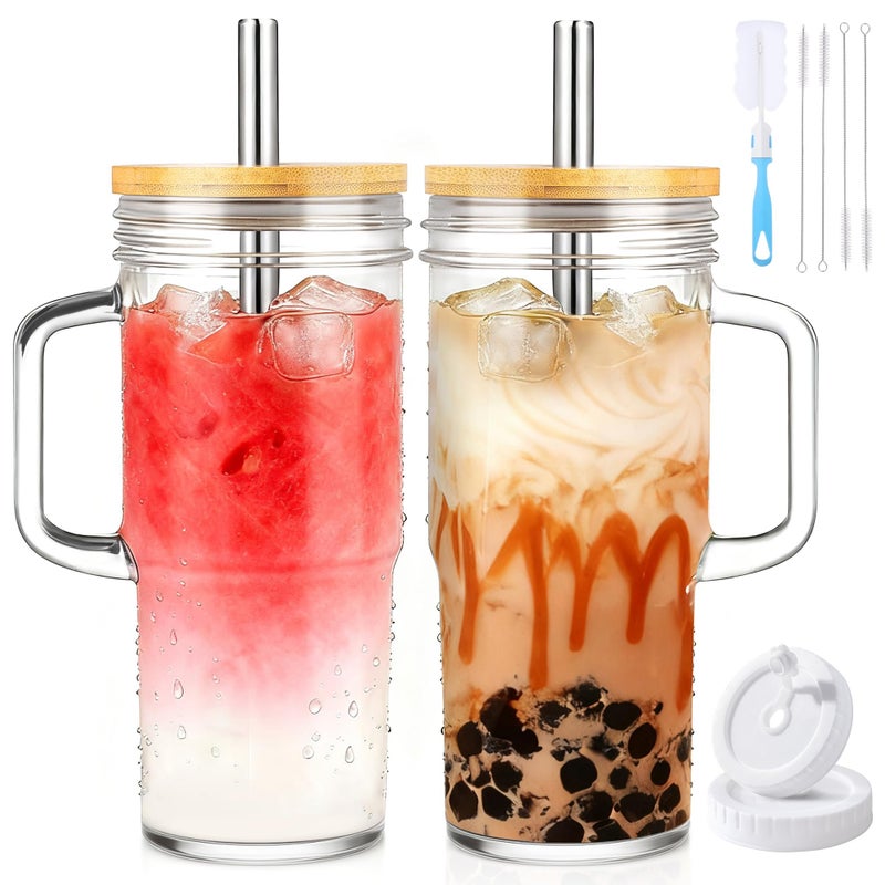 Birity 24oz Glass Cups with Lids and Straws,Glass Tumbler with Handle,2 setâ€“Reusable Glass Ice Coffee Cups with Lid and Straw for Smoothies,Tea,Juice,Boba Cup for Cold & Hot Drinks,Travel Cup - Image 1