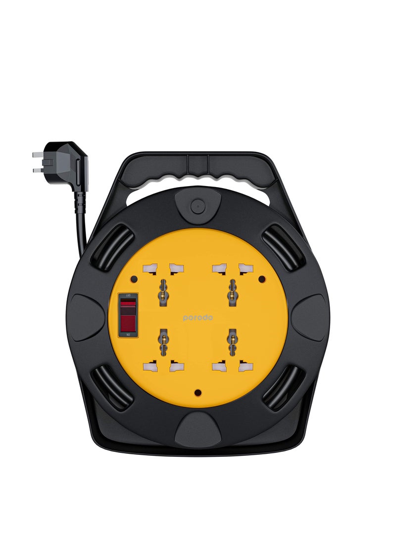 porodo 4AC Extension Cable Reel with UK Plug / 10m Wire/ Carrying Handle / Universal Sockets / 2500W - Black - Image 2