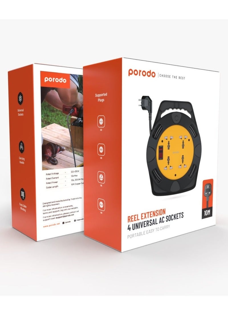 بورودو بكرة كابل تمديد 4AC بمقبس المملكة المتحدة / سلك بطول 10 أمتار / مقبض حمل / مقابس عالمية / 2500 وات - أسود - Image 4