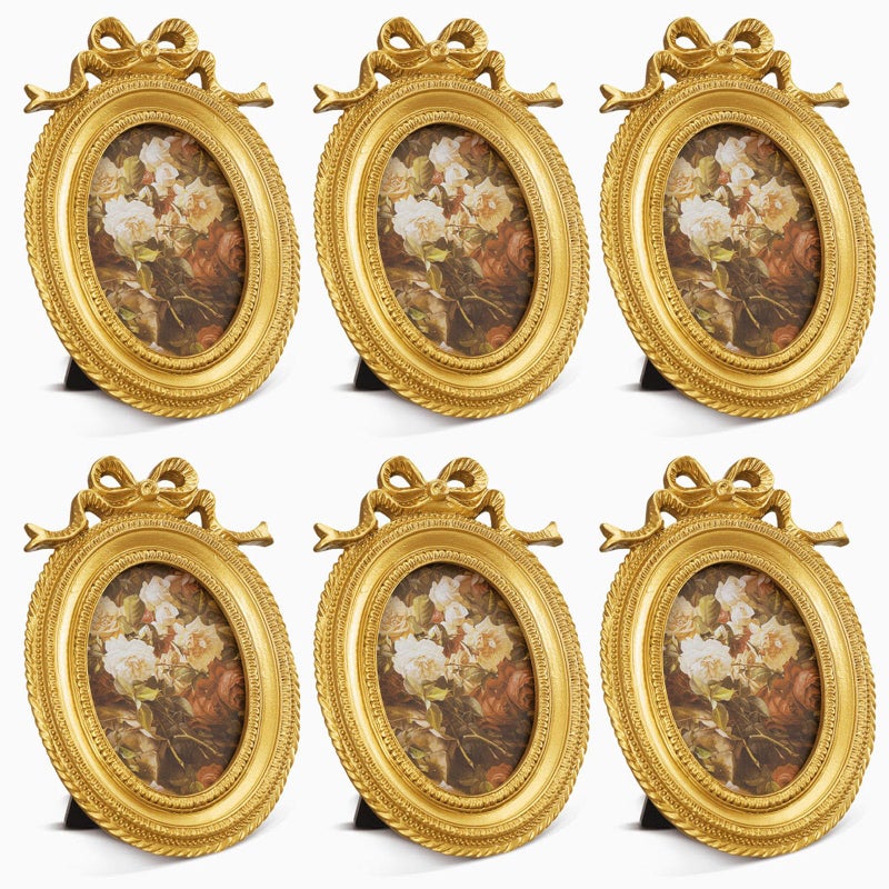 Vicenpal 6 Pcs Gold Tiny Picture Frame 2.5 x 3.5 Inch Small Vintage Oval Picture Frames Stylish Vintage Baroque Ornate Antique Resin Oval Table Display for Home Wedding (Classic Style) - Image 1