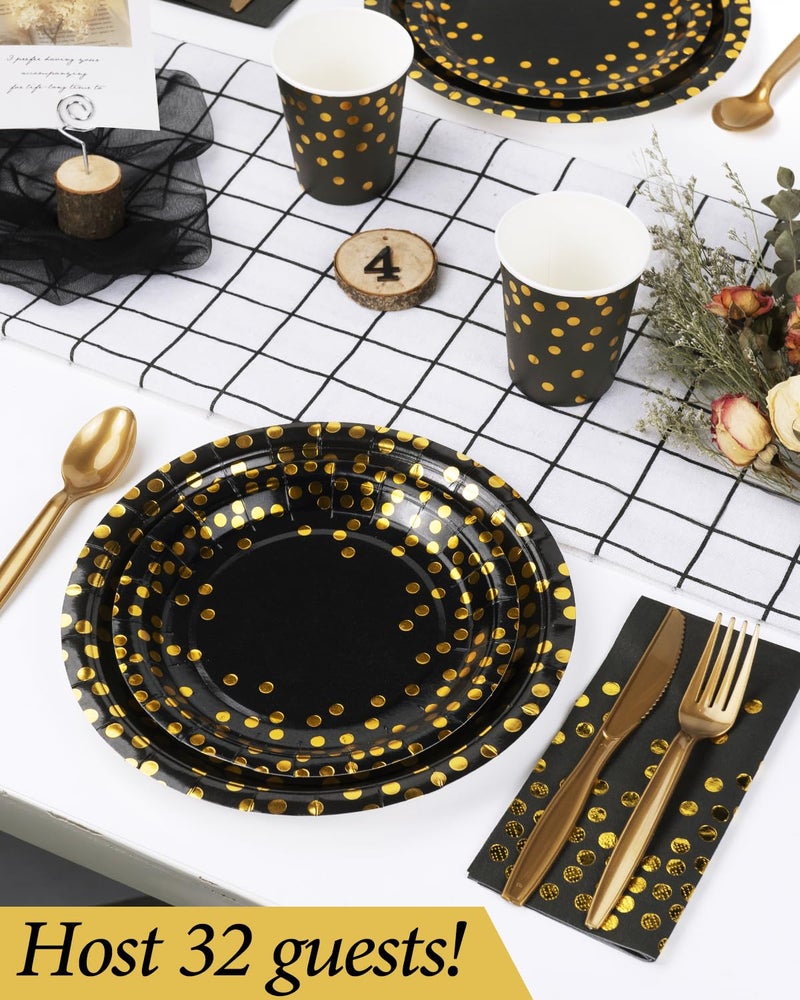 Lzerking 224 Pieces Party Supplies, Black and Gold Party Plates Cups and Napkins Sets with Plastic Knives forks spoons, Disposable Tableware Serves 32 Sets for Wedding, Birthday, Graduation, Festivals - Image 2