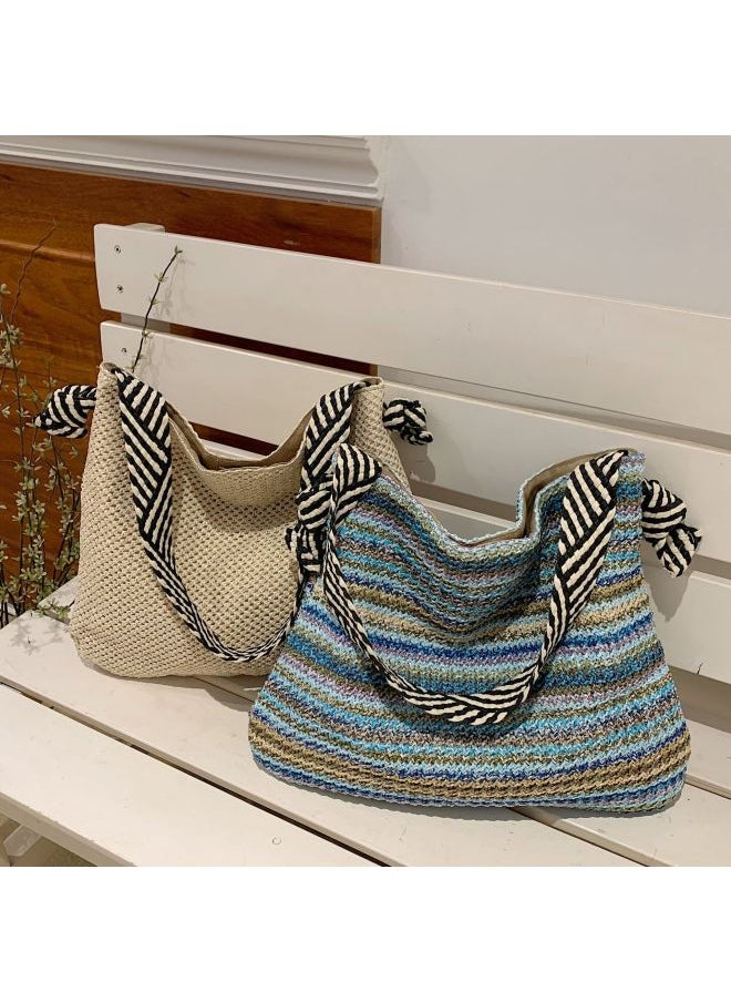 Loquat Summer Women's Beach Vacation Casual Commute Retro Single Shoulder Basket Weaving Bag City Simple Style Medium Size Daily Match-Color:Color  - Image 4