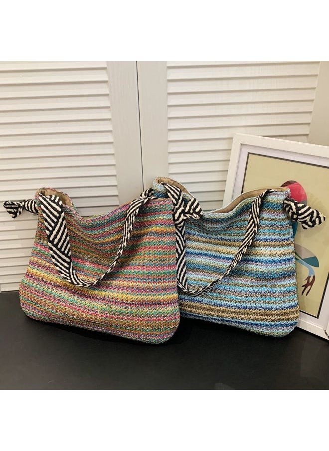 Loquat Summer Women's Beach Vacation Casual Commute Retro Single Shoulder Basket Weaving Bag City Simple Style Medium Size Daily Match-Color:Color  - Image 3