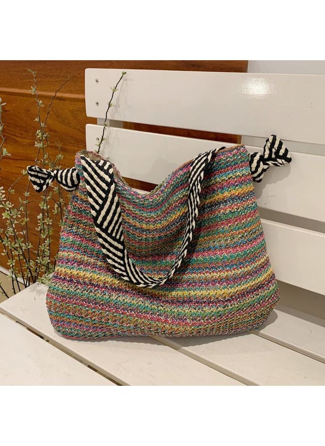 Loquat Summer Women's Beach Vacation Casual Commute Retro Single Shoulder Basket Weaving Bag City Simple Style Medium Size Daily Match-Color:Color  - Image 1