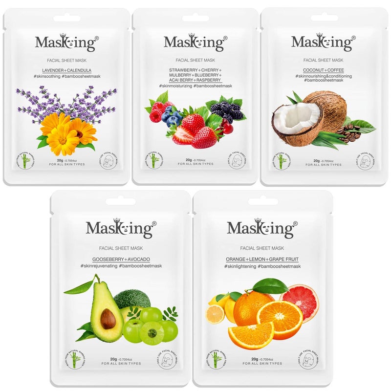Masking Facial Sheet Mask of Lavender Strawberry Coffee Gooseberry Orange Bamboo Sheet Based Ideal for Glowing Skin Women Men Combo Pack of 5 - Image 1