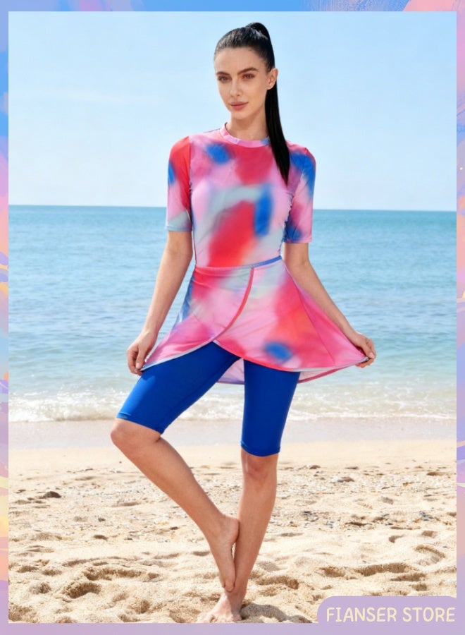 فيانسر ملابس سباحة طقم من 3 قطع أكمام قصيرة سروال متوسط الطول مع تنورة قصيرة ملابس شاطئ محتشمة حماية من الشمس بدلة غوص بدلة ركوب الأمواج تجفيف سريع زي سباحة بسحّاب - Image 2