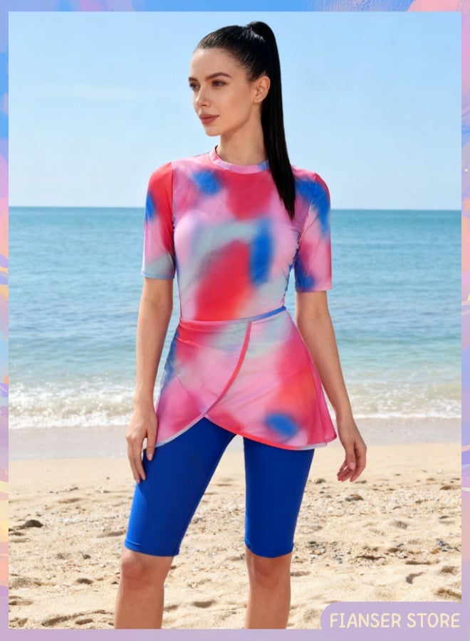 فيانسر ملابس سباحة طقم من 3 قطع أكمام قصيرة سروال متوسط الطول مع تنورة قصيرة ملابس شاطئ محتشمة حماية من الشمس بدلة غوص بدلة ركوب الأمواج تجفيف سريع زي سباحة بسحّاب - Image 1