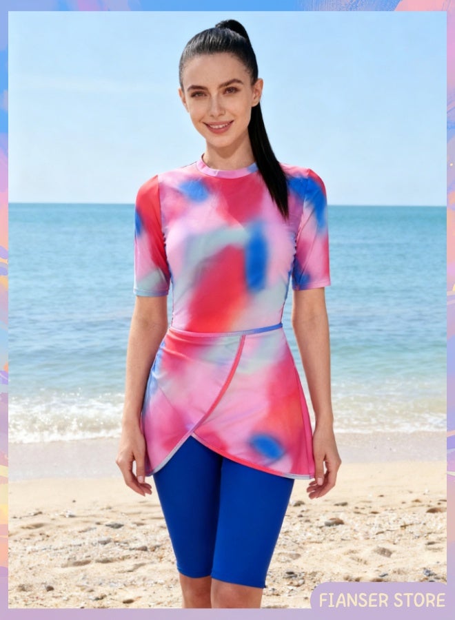 فيانسر ملابس سباحة طقم من 3 قطع أكمام قصيرة سروال متوسط الطول مع تنورة قصيرة ملابس شاطئ محتشمة حماية من الشمس بدلة غوص بدلة ركوب الأمواج تجفيف سريع زي سباحة بسحّاب - Image 3