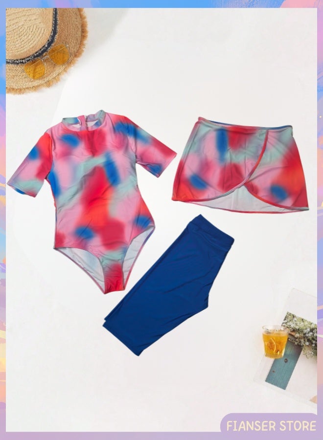 فيانسر ملابس سباحة طقم من 3 قطع أكمام قصيرة سروال متوسط الطول مع تنورة قصيرة ملابس شاطئ محتشمة حماية من الشمس بدلة غوص بدلة ركوب الأمواج تجفيف سريع زي سباحة بسحّاب - Image 4