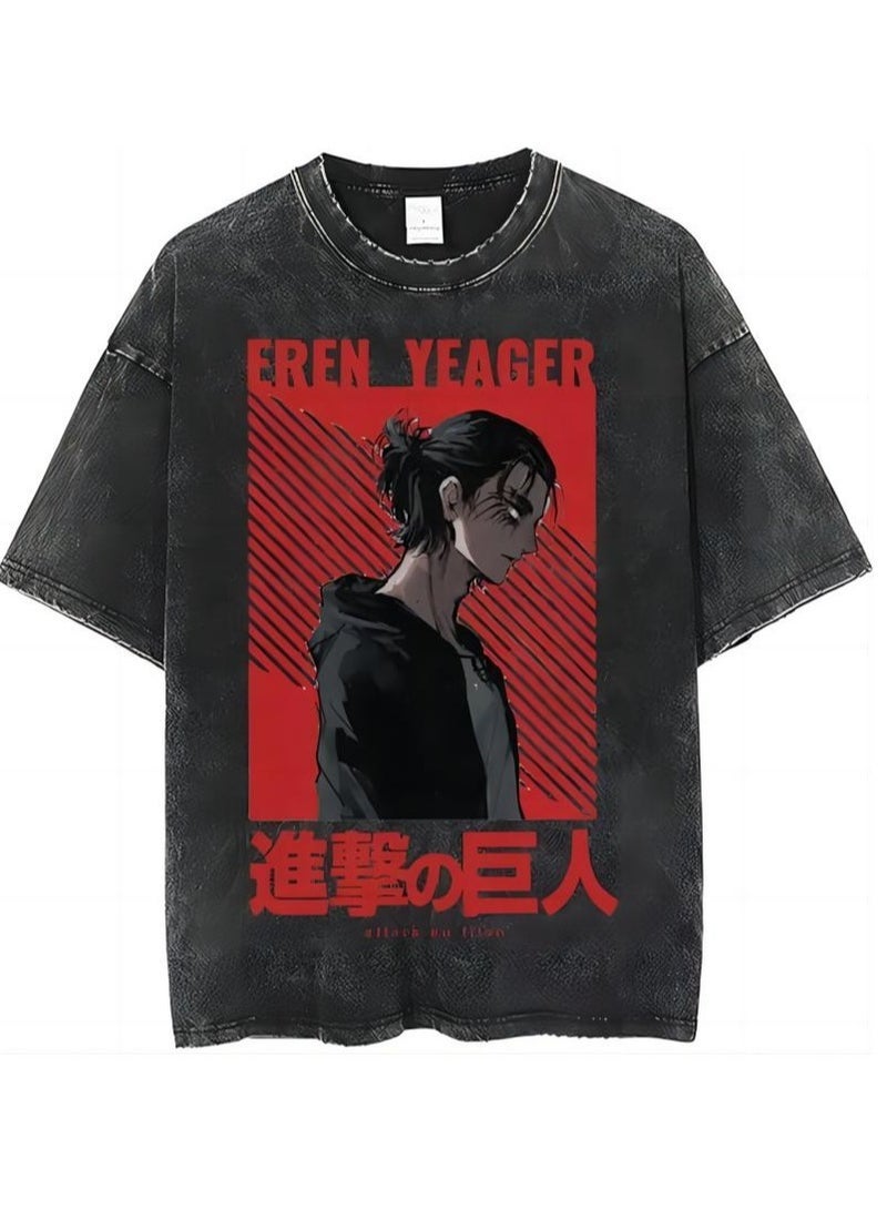 Anime Attack on Titan Eren Jaeger Washed Retro T-Shirt Street Hip Hop Casual Cotton Summer Short Sleeves - Image 1