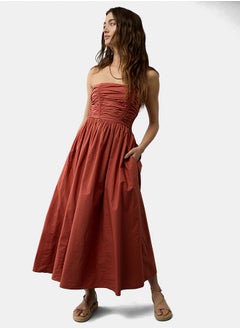 American Eagle AE Strapless Ruched Poplin Midi Dress  - Image 1