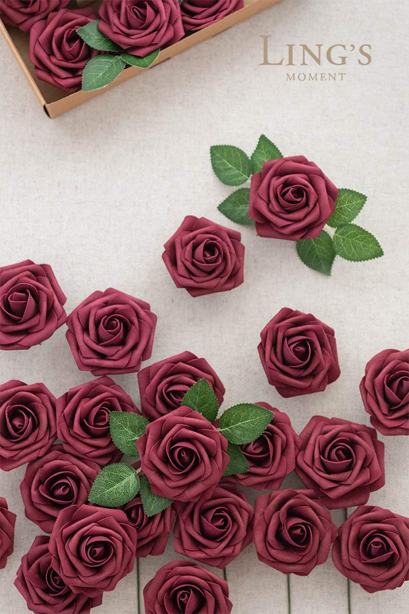 Ling's moment Ling's Moment Artificial Flowers 25Pcs Burgundy Roses Decor w/Stems 3"" Real Touch DIY Foam Floral for Wedding Bouquet/Centerpieces  Outdoors Party Backdrop  Room/Table  and Garden/Pot Decorations  - Image 2