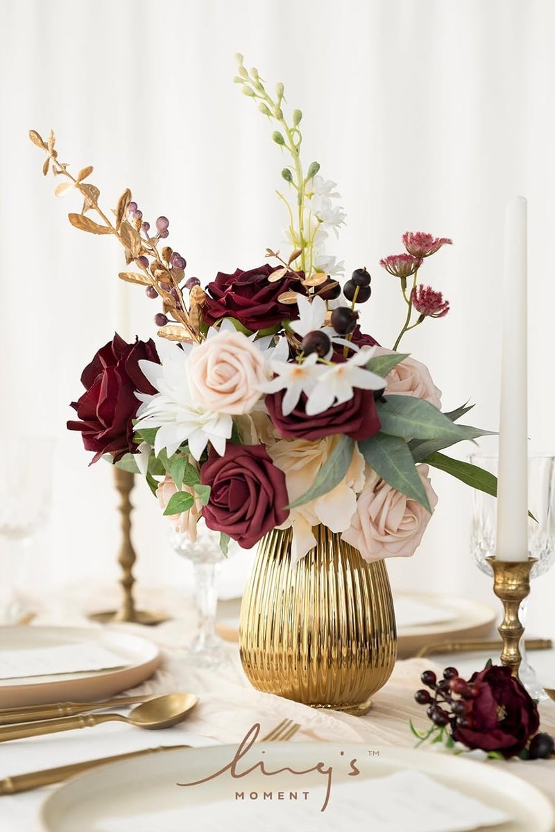 Ling's moment Ling's Moment Artificial Flowers 25Pcs Burgundy Roses Decor w/Stems 3"" Real Touch DIY Foam Floral for Wedding Bouquet/Centerpieces  Outdoors Party Backdrop  Room/Table  and Garden/Pot Decorations  - Image 4