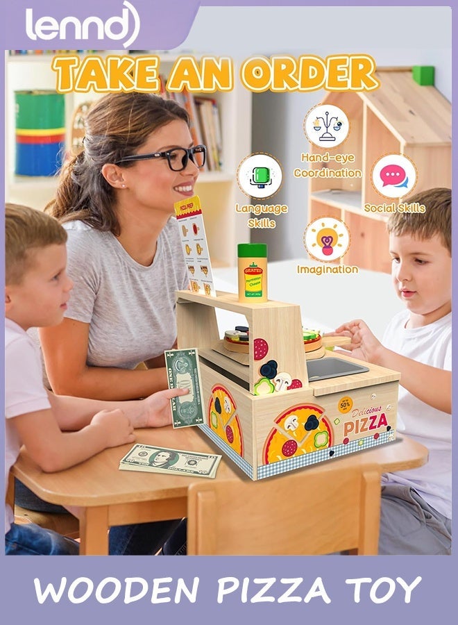 LENND Wooden Pizza Toy - 48 PCS Montessori Pretend Play Food for Ages 3+, Educational Learning Toy Wooden Playset with Bake Oven, Christmas Birthday Gift for 3 4 5 6 Year Old - Image 4