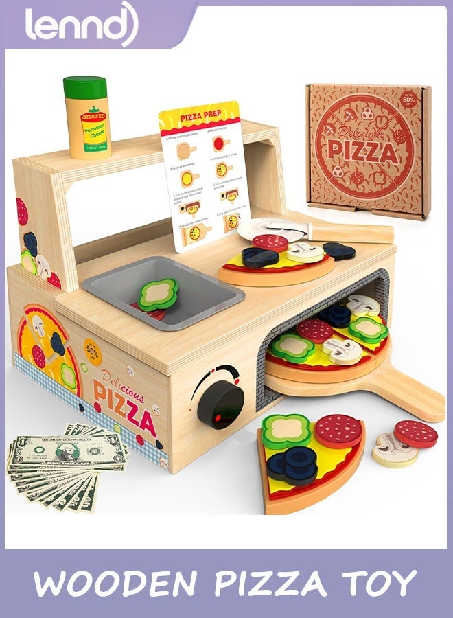 LENND Wooden Pizza Toy - 48 PCS Montessori Pretend Play Food for Ages 3+, Educational Learning Toy Wooden Playset with Bake Oven, Christmas Birthday Gift for 3 4 5 6 Year Old - Image 1