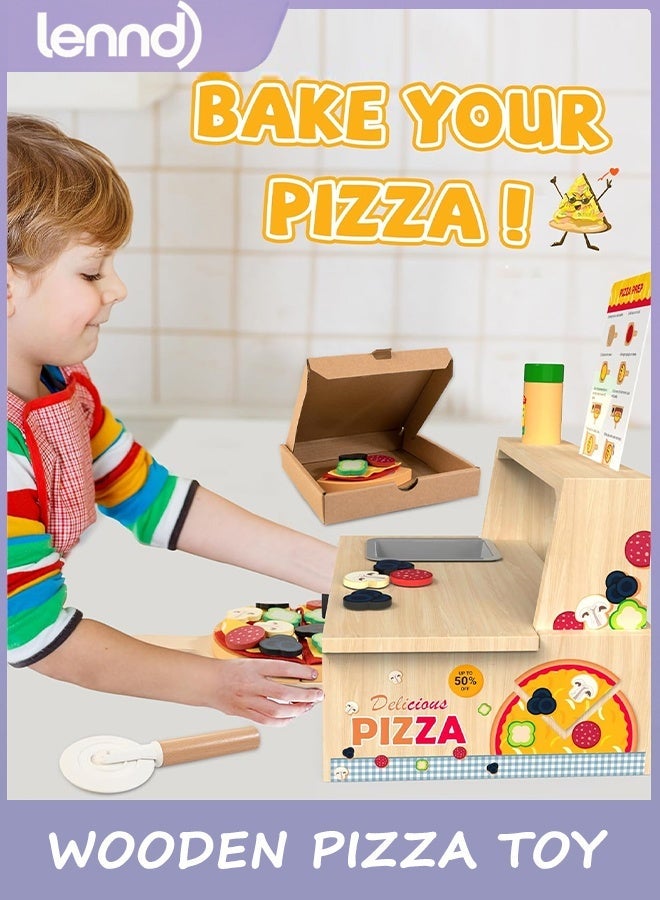 LENND Wooden Pizza Toy - 48 PCS Montessori Pretend Play Food for Ages 3+, Educational Learning Toy Wooden Playset with Bake Oven, Christmas Birthday Gift for 3 4 5 6 Year Old - Image 5