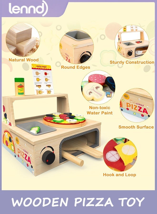 LENND Wooden Pizza Toy - 48 PCS Montessori Pretend Play Food for Ages 3+, Educational Learning Toy Wooden Playset with Bake Oven, Christmas Birthday Gift for 3 4 5 6 Year Old - Image 3