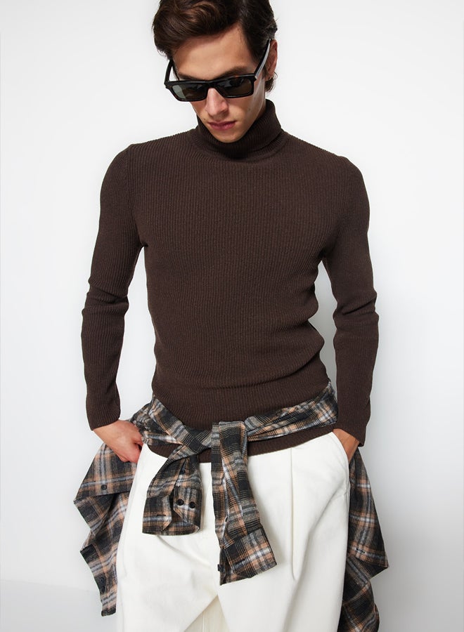 trendyol Brown Fitted Slim Fit Cotton Turtleneck Knitwear Sweater - Image 1