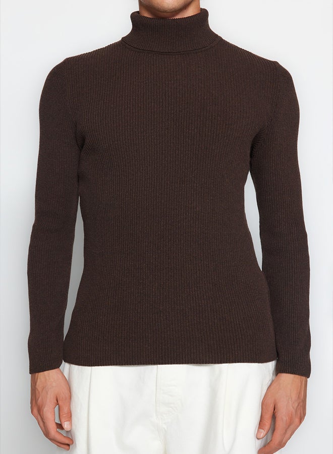 trendyol Brown Fitted Slim Fit Cotton Turtleneck Knitwear Sweater - Image 3