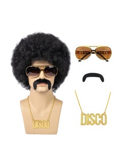Wig Men, 4Pcs Set 70'S Costumes Wig Disco Wig for Men Natural Fluffy Short Black Curly Synthetic Hair Wig