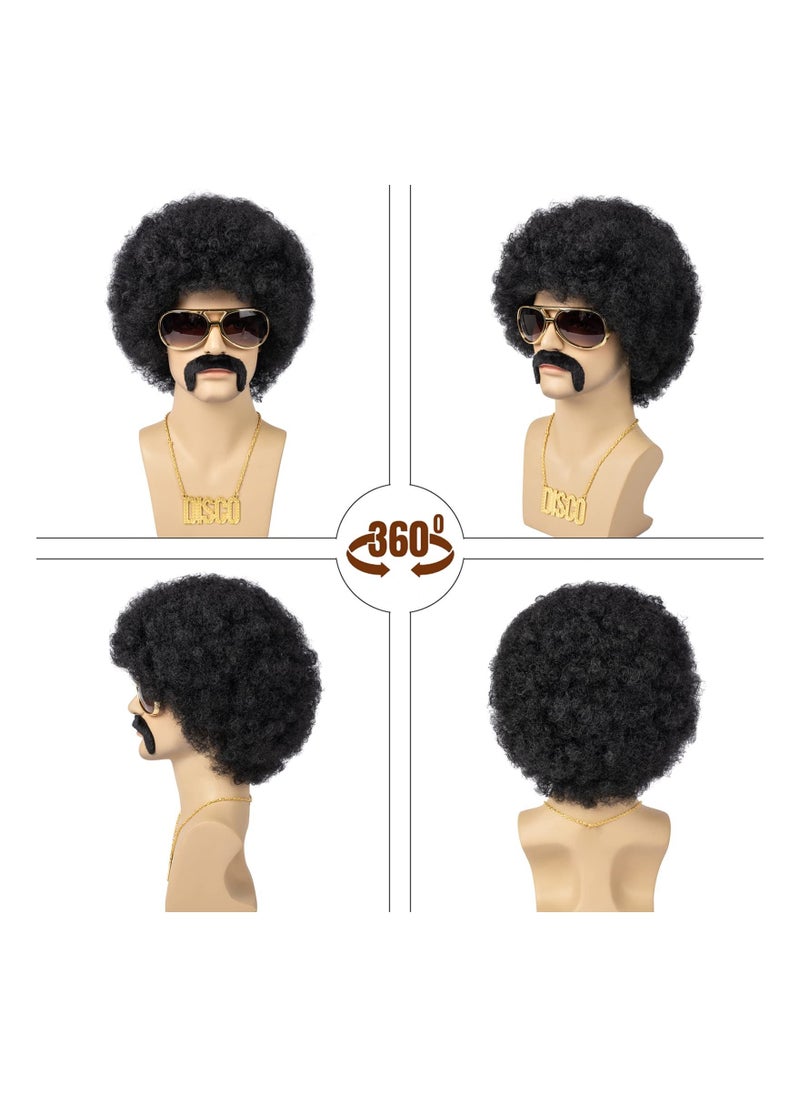 Generic - Wig Men, 4Pcs Set 70'S Costumes Wig Disco Wig for Men Natural Fluffy Short Black Curly Synthetic Hair Wig - Image 1
