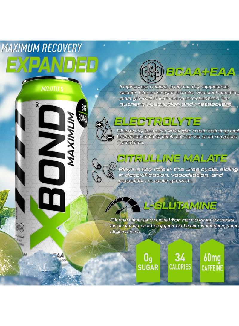 Xbond X-BOND 8g BCAA/EAA Mojito Maximum RecoveryExpanded Maximum Amino Drink - BCAA + EAA Electrolytes Drink - 16 fl oz (473 ml) -  Sugar Free 34 Calories, 60mg Caffeine Pack of 12 - Image 5