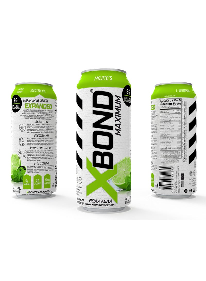 Xbond X-BOND 8g BCAA/EAA Mojito Maximum RecoveryExpanded Maximum Amino Drink - BCAA + EAA Electrolytes Drink - 16 fl oz (473 ml) -  Sugar Free 34 Calories, 60mg Caffeine Pack of 12 - Image 3