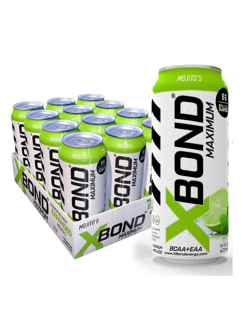 Xbond X-BOND 8g BCAA/EAA Mojito Maximum RecoveryExpanded Maximum Amino Drink - BCAA + EAA Electrolytes Drink - 16 fl oz (473 ml) -  Sugar Free 34 Calories, 60mg Caffeine Pack of 12 - Image 1