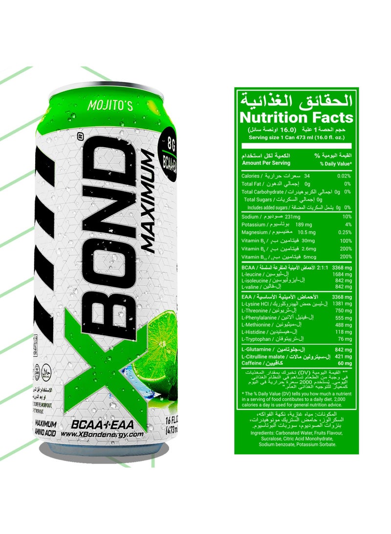 Xbond X-BOND 8g BCAA/EAA Mojito Maximum RecoveryExpanded Maximum Amino Drink - BCAA + EAA Electrolytes Drink - 16 fl oz (473 ml) -  Sugar Free 34 Calories, 60mg Caffeine Pack of 12 - Image 4