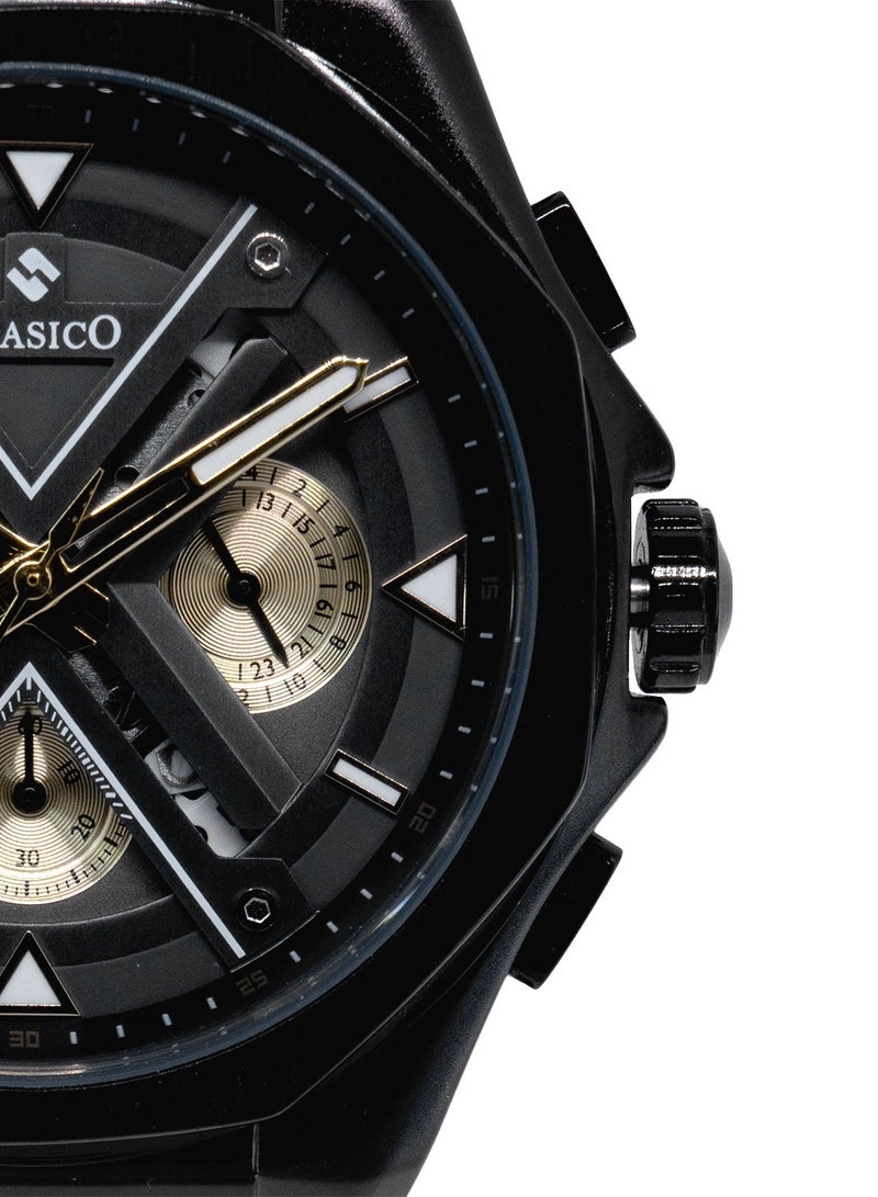 Clasico ساعة كرونوغراف 6-أيدي غراندور - إصدار معدني أسود وذهبي مع حزام جلد طبيعي - حركة عيار النخبة Y121 - تصميم مقاوم للماء - Image 2