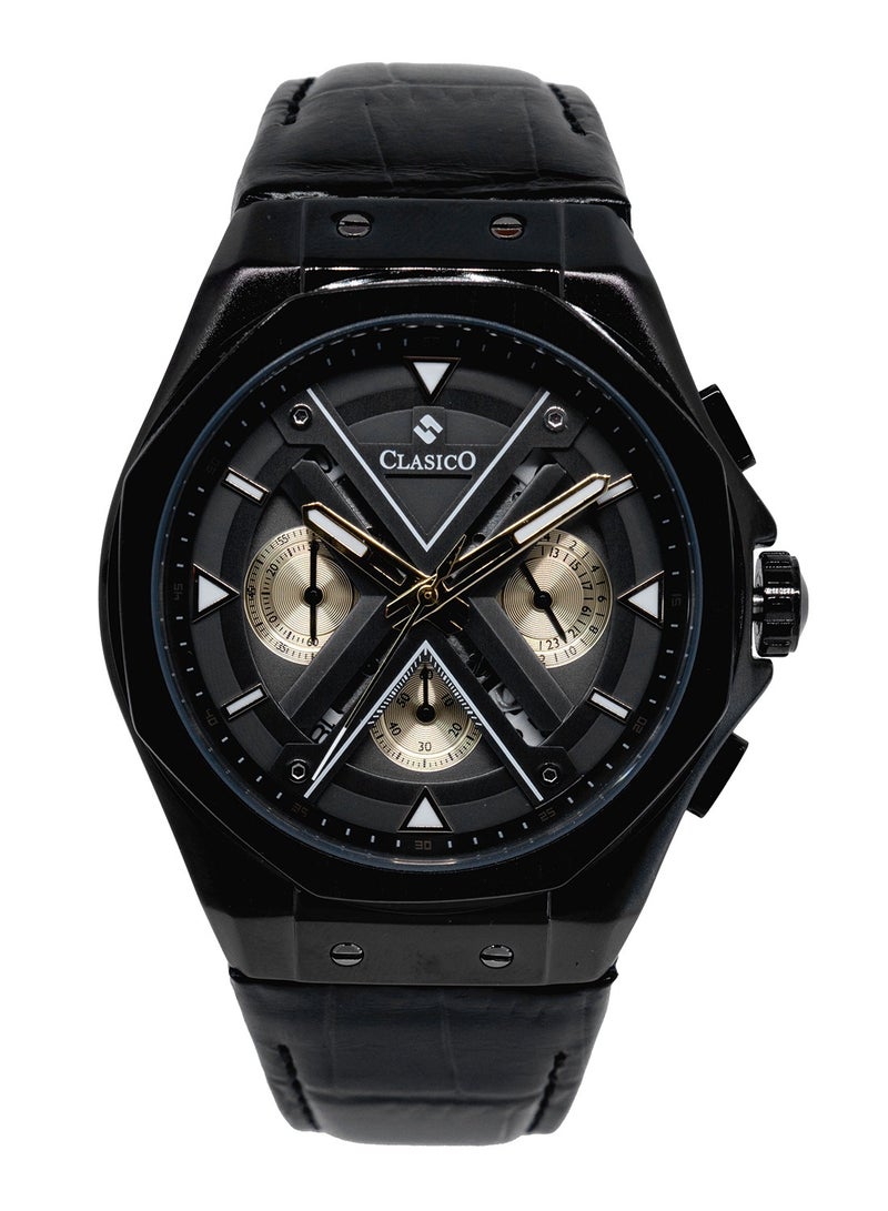 Clasico ساعة كرونوغراف 6-أيدي غراندور - إصدار معدني أسود وذهبي مع حزام جلد طبيعي - حركة عيار النخبة Y121 - تصميم مقاوم للماء - Image 1