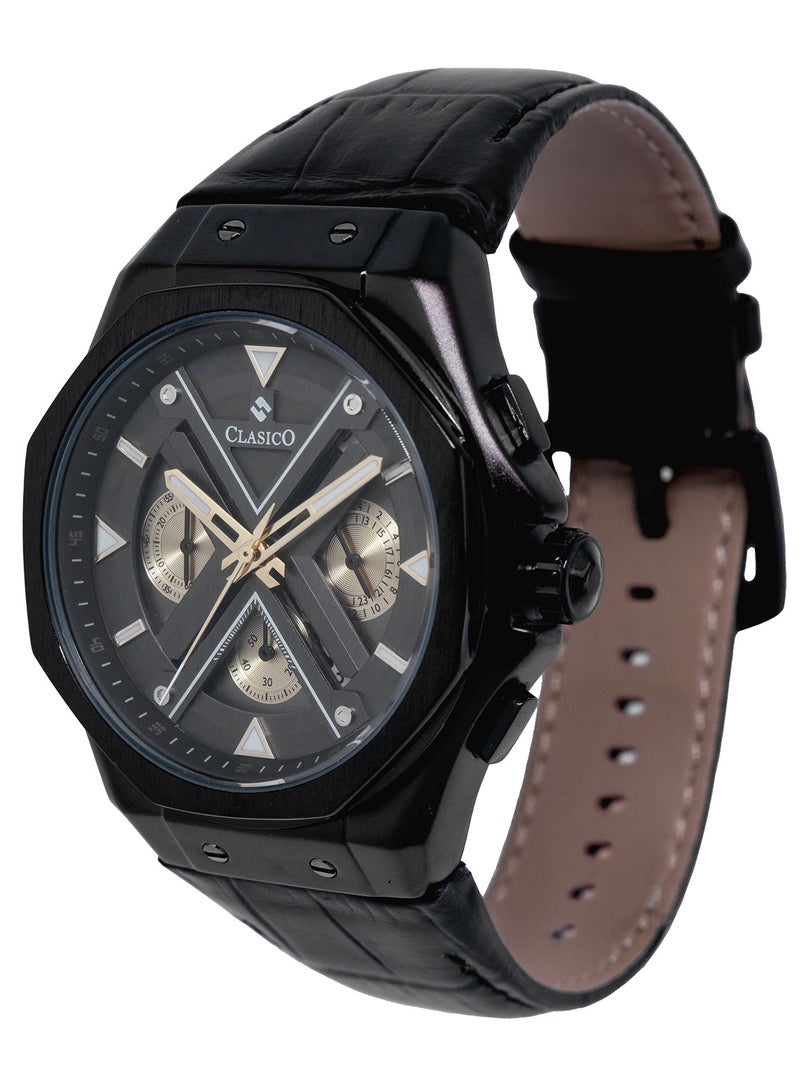 Clasico ساعة كرونوغراف 6-أيدي غراندور - إصدار معدني أسود وذهبي مع حزام جلد طبيعي - حركة عيار النخبة Y121 - تصميم مقاوم للماء - Image 3