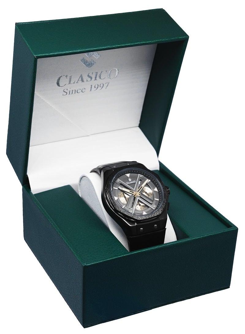 Clasico ساعة كرونوغراف 6-أيدي غراندور - إصدار معدني أسود وذهبي مع حزام جلد طبيعي - حركة عيار النخبة Y121 - تصميم مقاوم للماء - Image 5