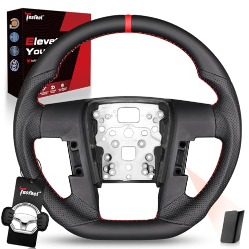 TESFEEL Steering Wheel for F150 SVT Raptor 2009–2014, D-Shape Flat-Bottom, Full Nappa Perforated Leather with Red Stripe&Stitching, Fits for F150 Models with No Buttons or Only Left Side Buttons - Image 1