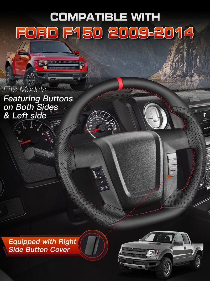 TESFEEL Steering Wheel for F150 SVT Raptor 2009–2014, D-Shape Flat-Bottom, Full Nappa Perforated Leather with Red Stripe&Stitching, Fits for F150 Models with No Buttons or Only Left Side Buttons - Image 2