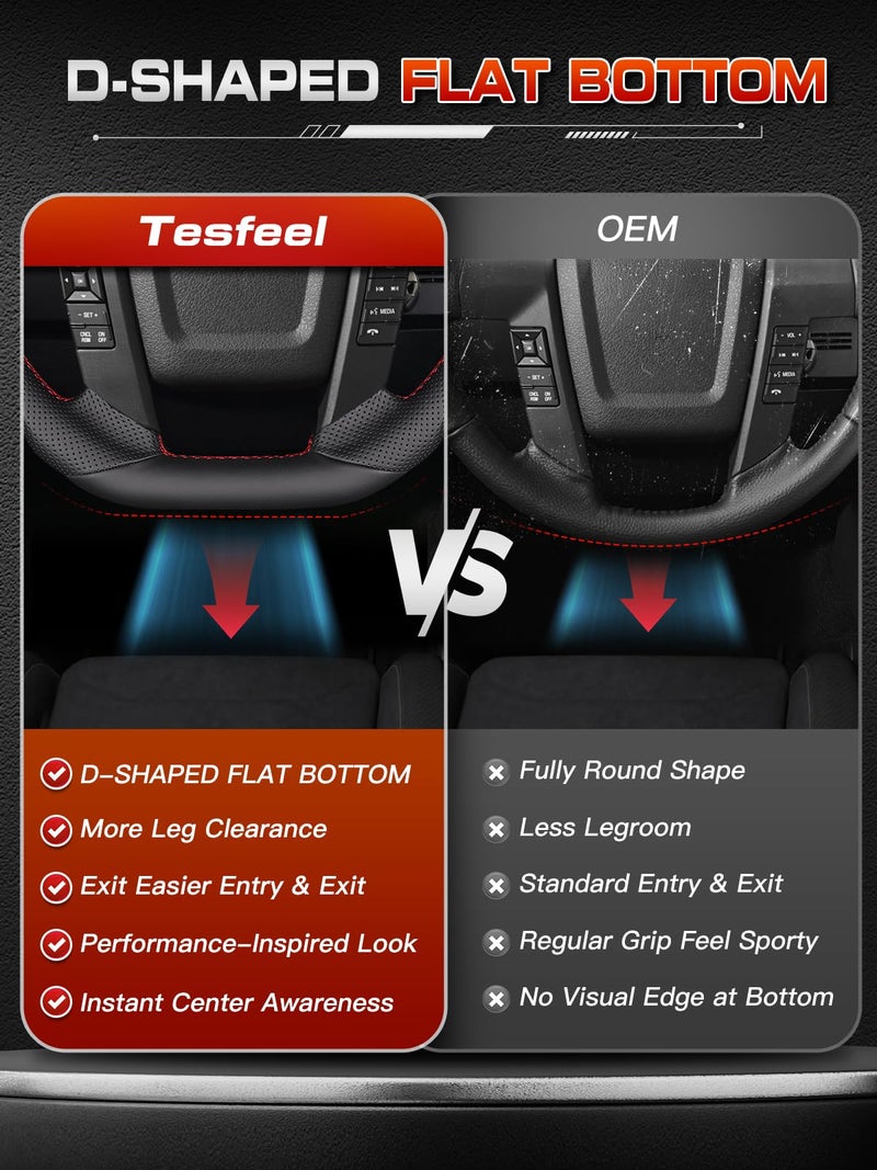 TESFEEL Steering Wheel for F150 SVT Raptor 2009–2014, D-Shape Flat-Bottom, Full Nappa Perforated Leather with Red Stripe&Stitching, Fits for F150 Models with No Buttons or Only Left Side Buttons - Image 5