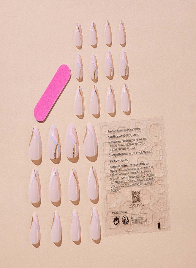 YoYoee Short Nude Nails Tips Swirl French False Nails Almond Press on Nails Full Cover Cute Fake Nails for Women and Girls 24PCS - Image 2