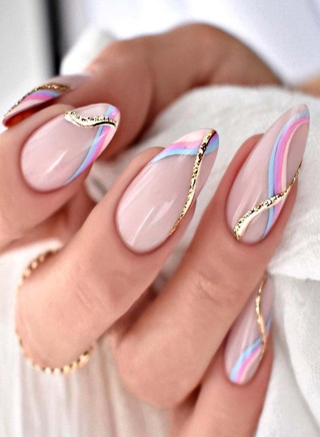 YoYoee Short Nude Nails Tips Swirl French False Nails Almond Press on Nails Full Cover Cute Fake Nails for Women and Girls 24PCS - Image 1