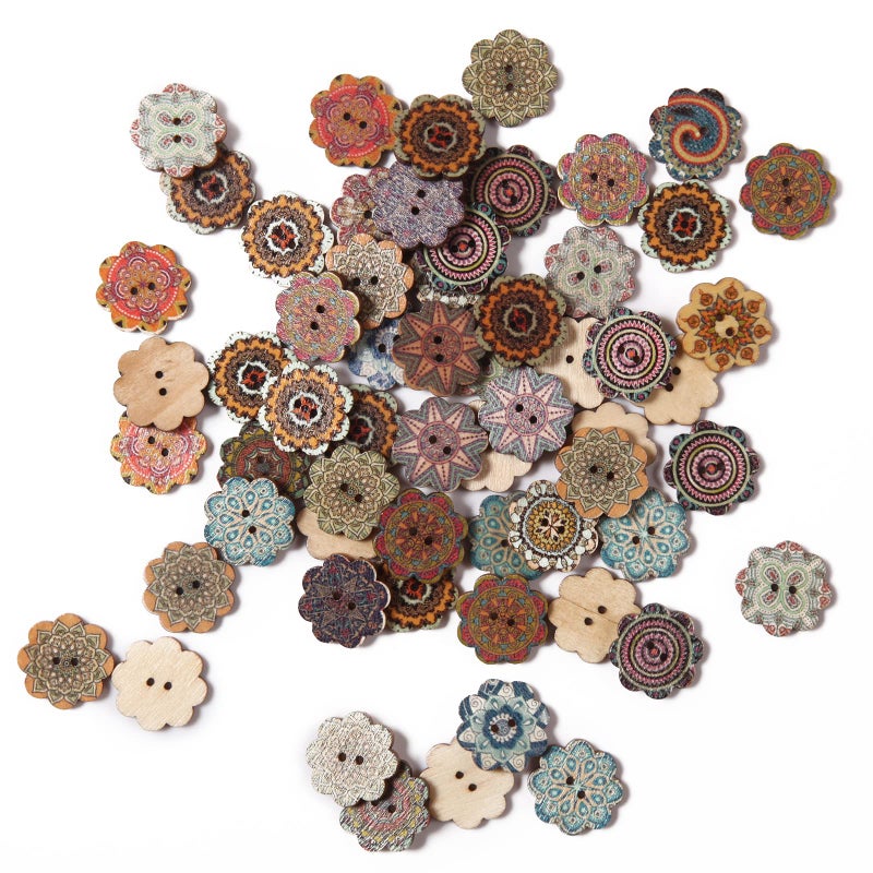 100PCS Mixed Pattern Vintage Wooden Buttons  34inch 2 Holes Random Flower Painting DIY Craft Sewing Decorative 20mm