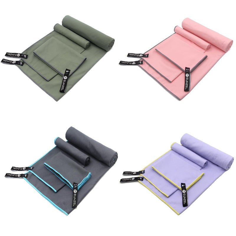 Eunzel 4 Set Quick Dry Camping Towel, Microfiber Travel Towel Super Absorbent Fast Drying Towel for Camping, Beach, Gym, Backpacking & Swimming(Four 3-Piece Towel Sets, Army Green/ Grey/ Taro Purple/ Pink) - Image 1