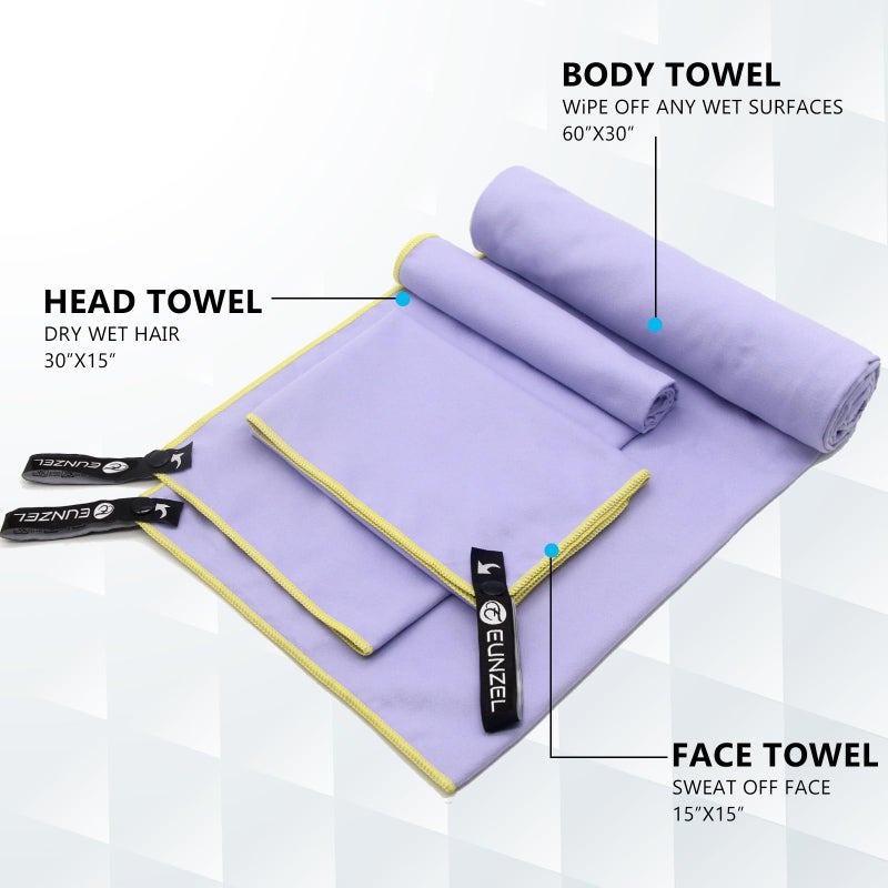 Eunzel 4 Set Quick Dry Camping Towel, Microfiber Travel Towel Super Absorbent Fast Drying Towel for Camping, Beach, Gym, Backpacking & Swimming(Four 3-Piece Towel Sets, Army Green/ Grey/ Taro Purple/ Pink) - Image 3