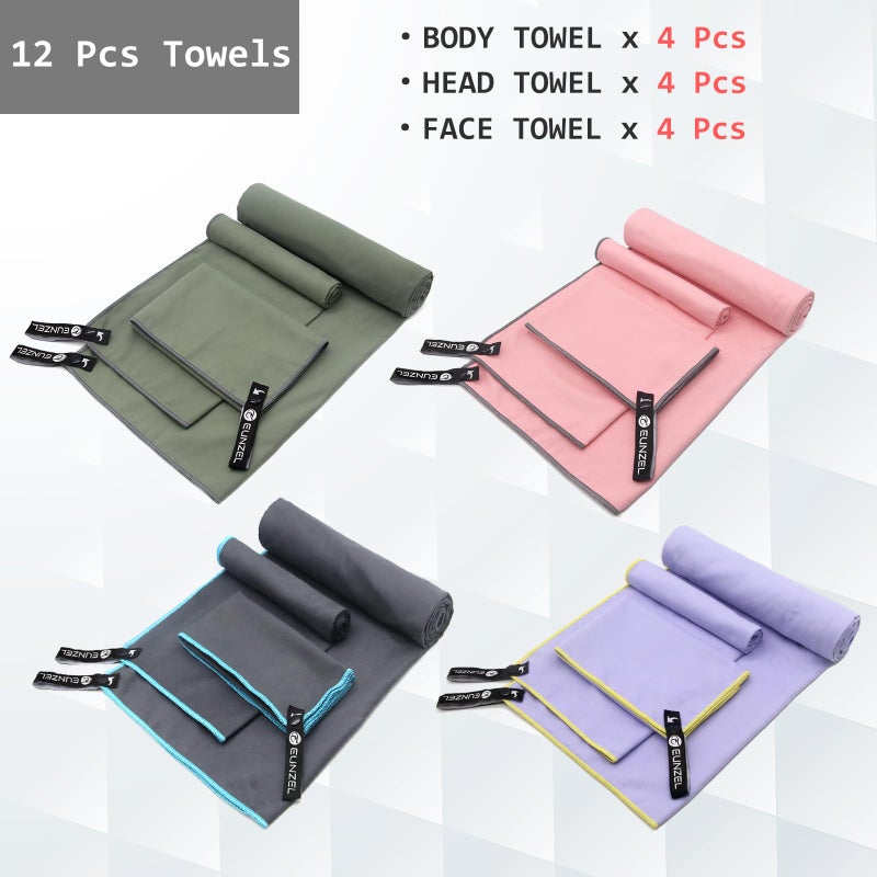 Eunzel 4 Set Quick Dry Camping Towel, Microfiber Travel Towel Super Absorbent Fast Drying Towel for Camping, Beach, Gym, Backpacking & Swimming(Four 3-Piece Towel Sets, Army Green/ Grey/ Taro Purple/ Pink) - Image 2