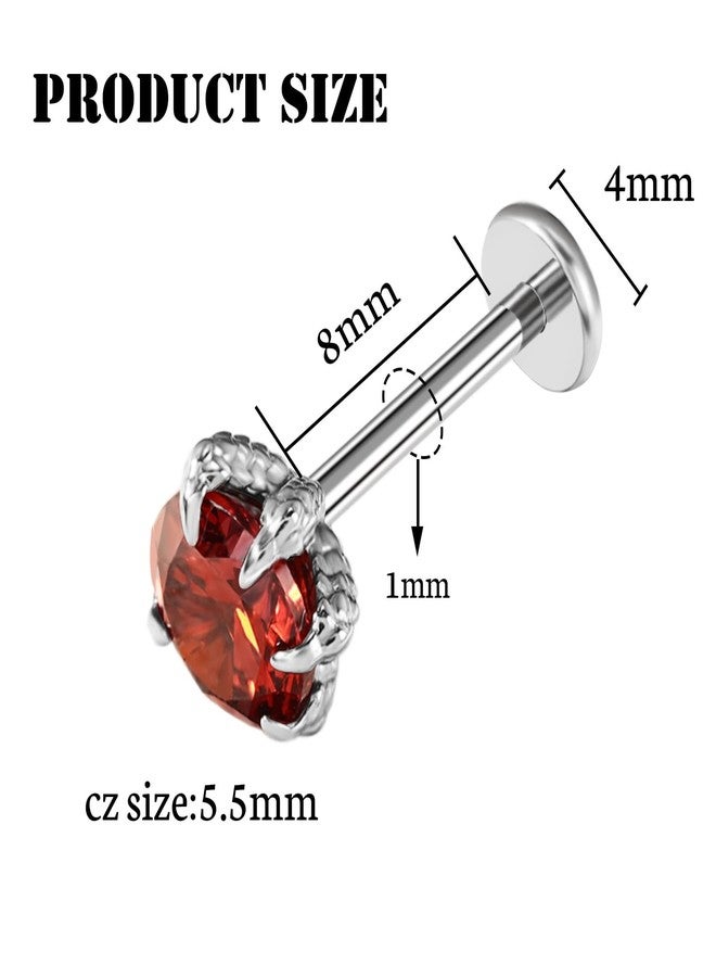 Hopply G23 Titanium 16G Flat Back Earrings Threaded Lip Studs for Women Men CZ CartilageTragus/Labret/Helix/Conch/Nose Medusa Conch Body Piercing Piercing Jewelry 8mm (Red, 16g, 8mm bar, 5mm gem) - Image 2